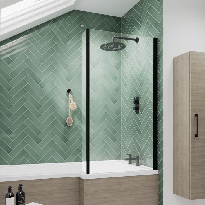 Cascade 6mm Matt Black L Shape Shower Bath Screen with Fixed Return